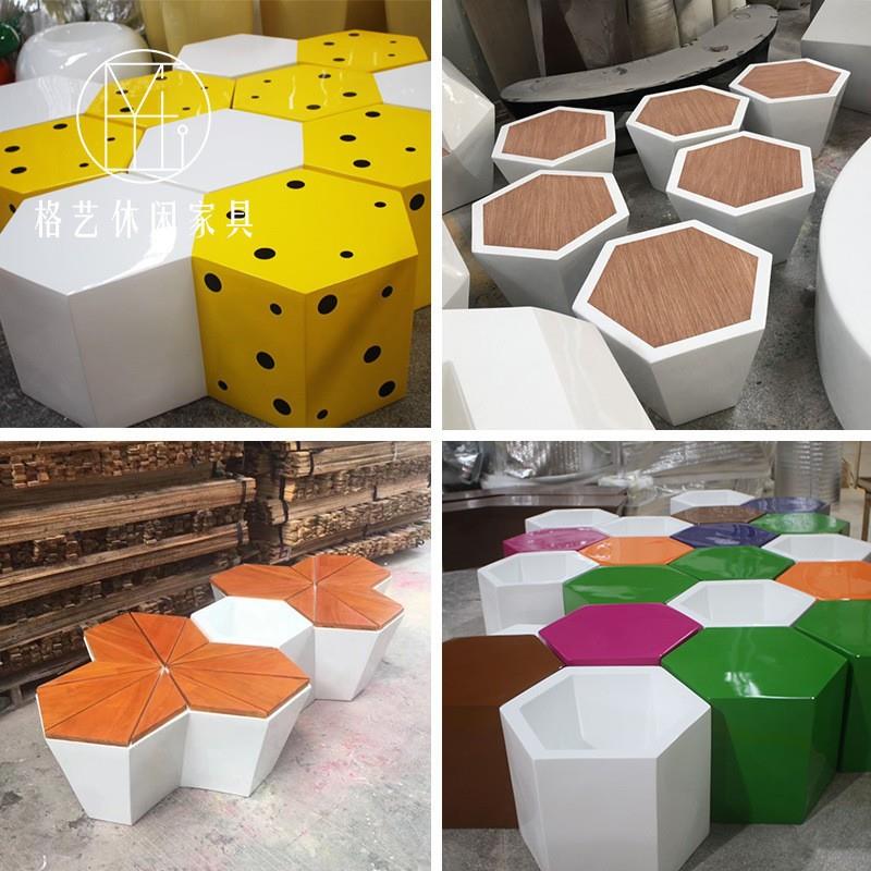 玻璃钢休闲坐凳创意方凳圆形六边形糖果凳子工厂直销卡通拼图坐凳 - 图1