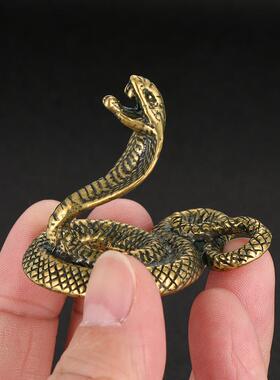 CA1309旧蛇仿古铜色眼镜手铜摆茶宠霸气做蟒蛇王实心黄铜雕把件桌