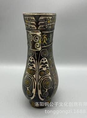 错金银工艺仿古青铜器工艺品扁圆壶投壶花瓶装饰摆件古玩收藏做旧