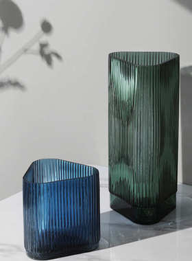 北欧轻奢创意竖纹玻璃花瓶摆件客厅插花水培花器餐桌家居装饰品