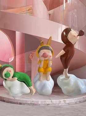 卡通云朵吹泡泡兔耳女孩摆件可爱云朵小孩玻璃钢人物雕塑酒店装饰