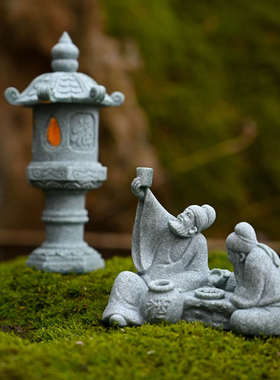 盆景假山鱼缸中式小亭子造景装饰品微景观古风发光仿真石灯笼摆件