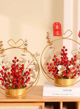新款直销跨境婚庆发财果冬青果红浆果铁艺花篮乔迁新居桌面仿真花