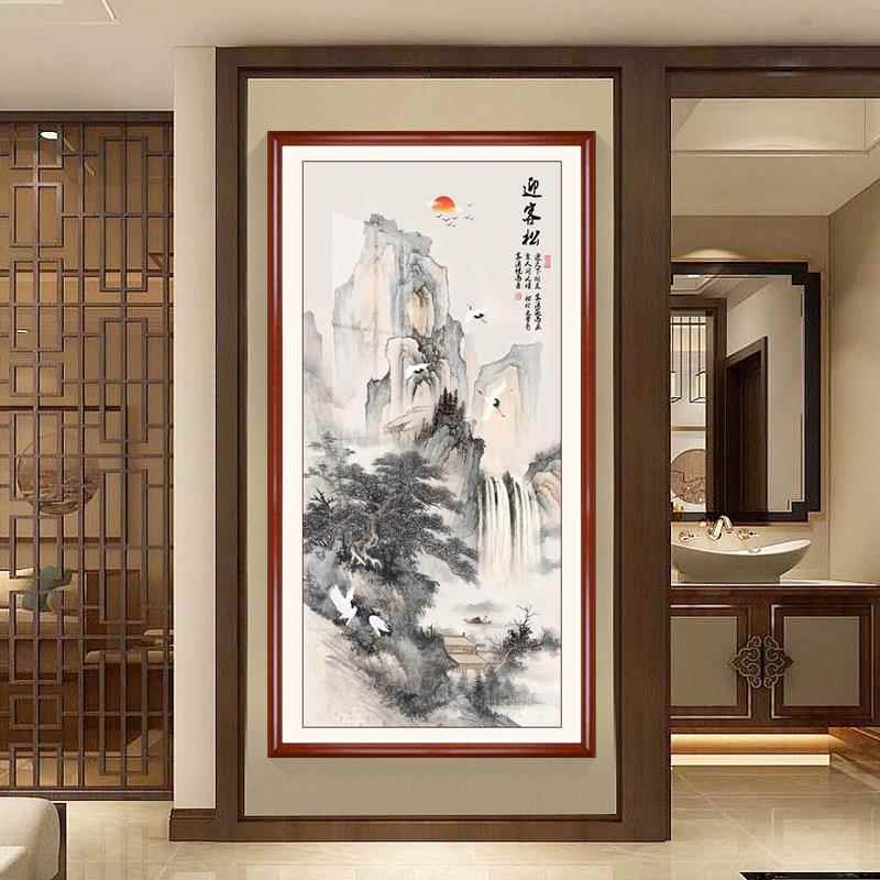 迎客松玄关装饰画新中式入户走廊过道挂画客厅竖版风景山水画国画 - 图1