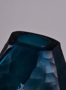 厂家直销欧式蓝色几何磨刻玻璃花瓶 客厅花插摆件酒店样板间装饰