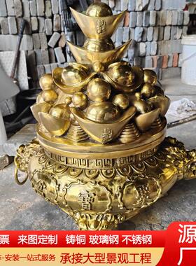 纯铜带盖子聚宝盆户外铸铜如意盆黄铜香炉熏炉金属工艺品中式摆件