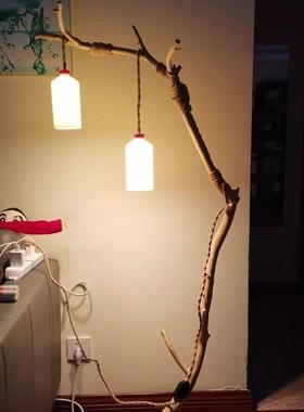 原木原色古典风干树枝落地灯造型摆件创意衣帽架鸟站树架回归自然