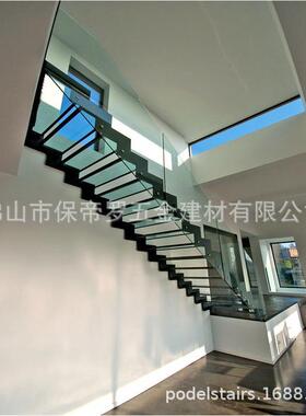 黑色烤漆龙骨钢化玻璃护栏夹胶玻璃踏板家用楼梯出口各国整梯