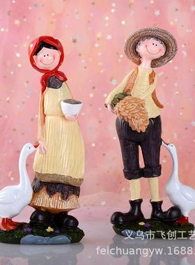 创意树脂欧美田园乡村喂鹅夫妇情侣搁板工艺摆设家居装饰