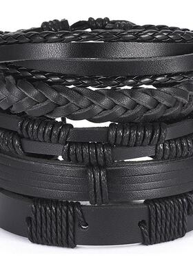 Cross-border leather handwoven men's punk bracelet男士手