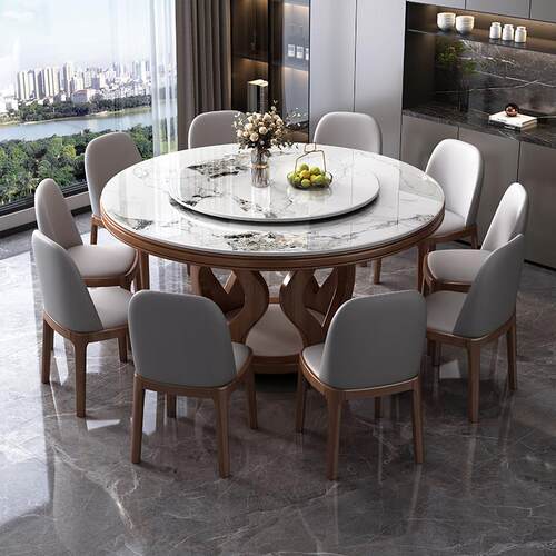 意式高端岩板实木餐桌椅组合家用小户型现代简约圆形带转盘饭桌子 - 图2