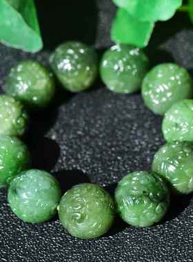 天然玉石复古菠菜绿和田碧玉大颗粒回纹珠手链手持古典男女款19MM