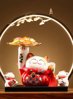 收纳玄关托盘门口圈中式客厅招财电视柜新摆件猫灯钥匙进门放酒柜