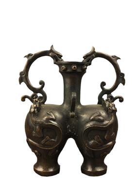 古玩仿古收藏 仿古铜花瓶摆件双龙花瓶家居办公室工艺品装饰摆件