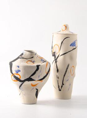 现代覆古新中式手绘陶瓷罐子花瓶摆件样板间酒店客厅玄关果盘装饰