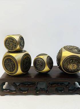黄铜魔方转钱把玩件圆形六面转解压赚钱摆件招财进宝时来运转文玩