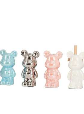 网红电镀陶瓷高档爱心熊摆件餐边柜开放格装饰品潮玩电视柜摆饰