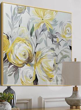 QC.ART手绘油画【玫瑰】高级黄色花卉画餐厅客厅沙发正方形装饰画
