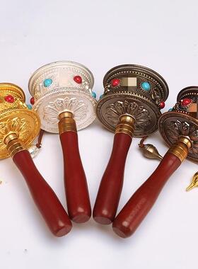 藏族转经简转轮合金镶珠大小转经简手摇转金轮藏式摆件家用转金桶