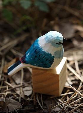 手工木雕小鸟可爱治愈系女生日礼物灰蓝山雀桌面装饰品随身小摆件