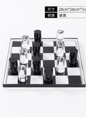 现代意式极简黑白格子水晶棋盘样板间办公室客厅摆件桌面软装饰品