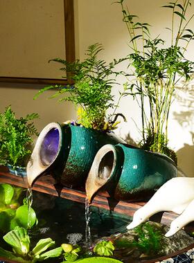 庭院造景古法养鱼流水陶罐鱼缸配件水车装饰循环生态鱼缸景观喷泉