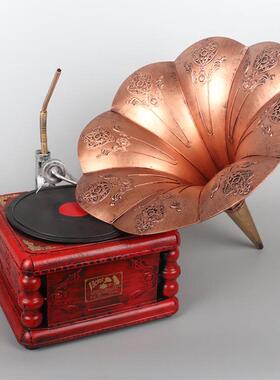 复古留声机模型铁制纯手工做旧古典大唱机酒店摄影居家装饰摆件