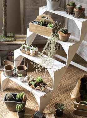 田园实木阶梯花架多层楼梯台装饰陈列架阳台花园客厅多功能摆件