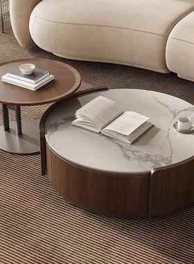 中古风胡桃木岩板圆形茶几电视柜小户型轻奢客厅木纹茶几边几组合