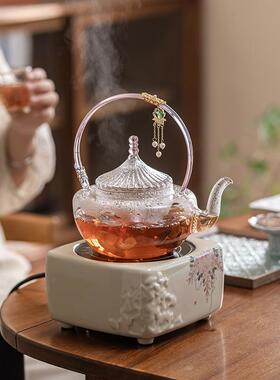 高硼硅耐热玻璃粉色提梁天坛壶围炉煮茶电陶炉烧水泡茶套装紫藤