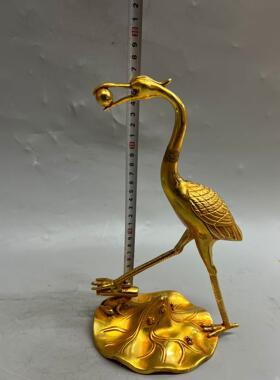复古紫铜鎏金仿金仙鹤衔珠摆件 铜工艺品 文创市集民间旧藏老物件