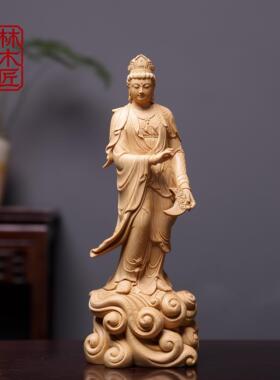 桧木手雕日光月光观音菩萨佛像家用寺庙佛龛供奉木雕摆件工艺品