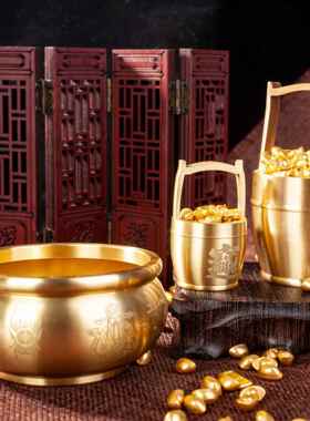 新款直销黄铜米缸五福聚宝盆加小元宝金条一桶金百福缸铜缸聚宝盆