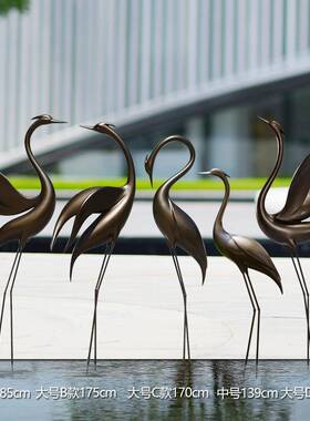 仙鹤雕塑摆件仿铜白鹭丹顶鹤玻璃钢庭院水池动物水景园林景观小品