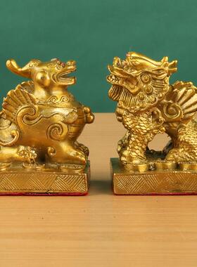 铜方底貔貅摆件一对单角双角铜貔貅摆件公母貔貅一对家居摆件