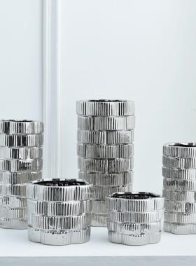 简约现代轻奢民宿酒店电镀金银色软装饰品陶瓷花瓶盆摆件六曲