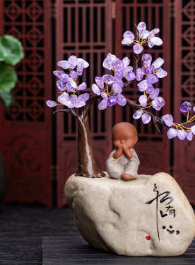 星雨 天然紫水晶树粗陶陶瓷摆件水晶花盆 室内家居办公桌创意摆件