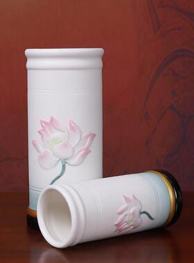 久畔陶瓷香筒摆件家用客厅佛堂插花用香桶莲花放香筒装饰笔筒花瓶