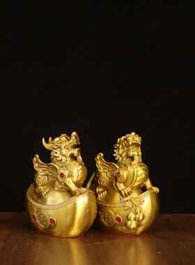 纯黄铜元宝貔貅一对公母摆件室内福财铜貔貅吸金兽招财瑞兽摆设
