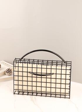 北欧创意铁艺金属皮革网格手提包桌面摆件客厅卧室玄关家居装饰品