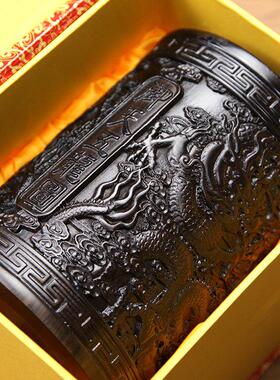 桃花心木笔筒工艺品装饰品木雕实木黑檀木覆古书桌装饰品莲花笔筒