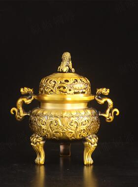 纯黄铜狮子貔貅炉薰香摆件家用三足薰香炉佛堂带盖子狻猊宣德炉摆