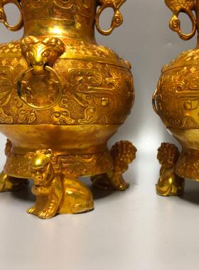 复古纯铜鎏金狮腿兽面纹花瓶摆件一对 黄铜工艺品 文创仿古老物件