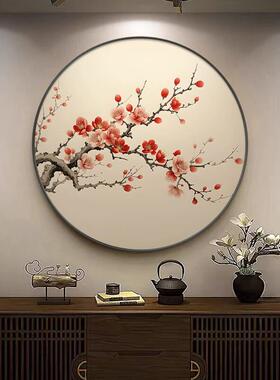 新中式白梅餐厅挂画圆形玄关装饰画餐桌背景墙壁画客厅茶室花鸟画