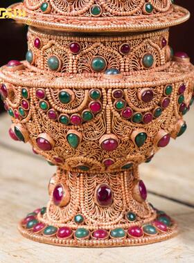 尼泊尔手工掐丝镶嵌宝石铜宝瓶现代供具修供具掐丝米盒