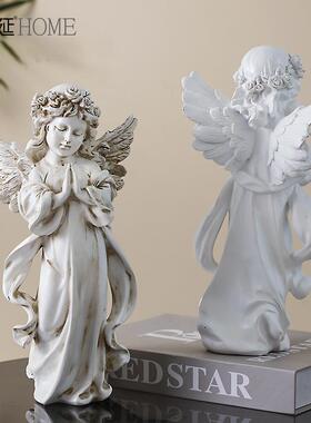 高档欧式艺术复古女天使女孩件美式树脂膏雕像桌面石软装饰品摆摆