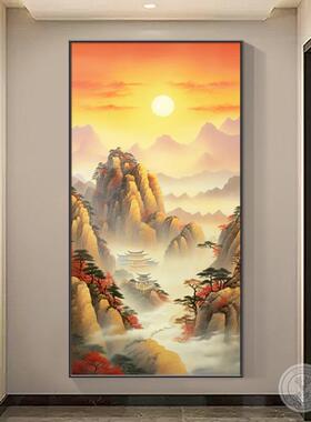 新中式入户正对门玄关装饰画喷绘山水国画竖版挂画走廊过道墙壁画