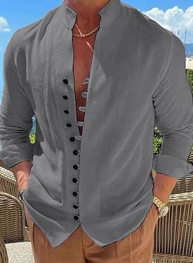 Men's Traditional Plain Polyester Collared Neck Long-Sleeve