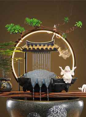 灯圈陶瓷自动循环水鱼缸流水增氧过滤器摆件鱼盆喷泉室内家用造景