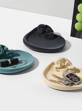 奢植绒小摆FDZ飞象钥匙收纳客厅桌面首饰盘入户玄关件植绒装饰轻